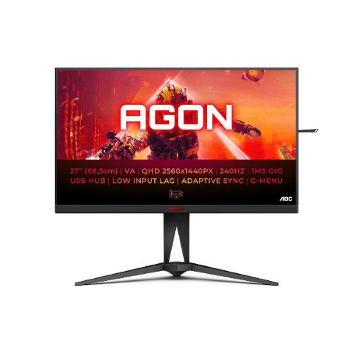 AOC AGON AG275QZN - AG5 Series - monitor a LED - gaming - 27" - 2560 x 1440 QHD @ 240 Hz - VA - 400 cd/m² - 3000:1 - DisplayHDR 400 - 1 ms - 2xHDMI, 2xDisplayPort - nero, rosso